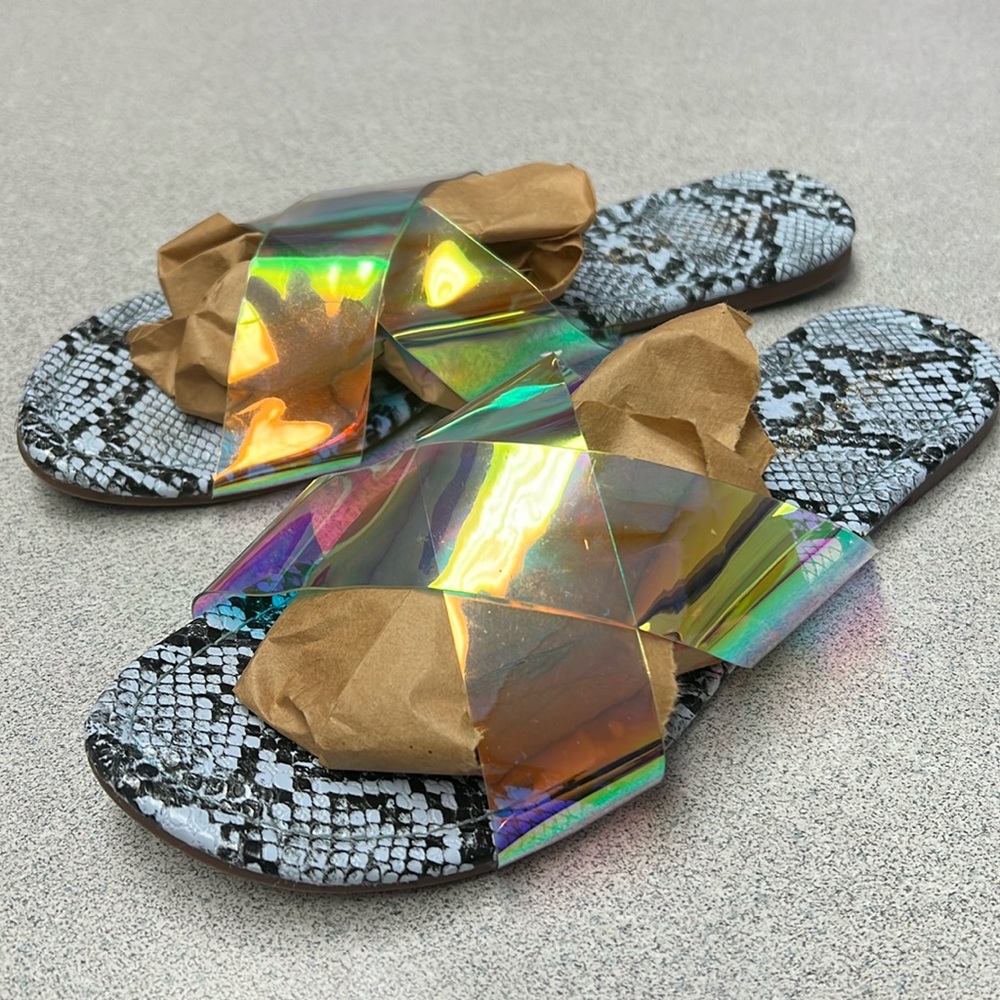 Snake print holographic sandals